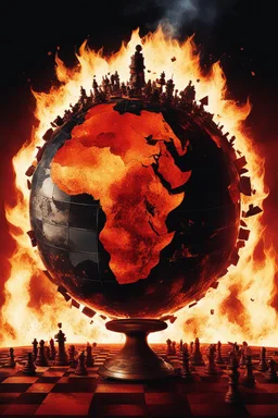 [CD album cover] africa, BLOOD, PAIN, AGONY: a large, shattered globe in fire. each fragment of the globe represents a different country, with chess pieces resembling world leaders placed on top of these fragments.