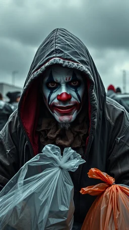 A sad hooded homeless clown with dirty face and bad make up , beside him with trash bags , in the background a, dark cloudy rainy weather