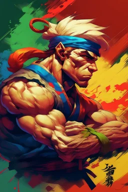 street fighter video game artwork in the style of Kinu Nishumura, capcom, 90s art, manga influence, japanese art style, exaggerated realism, Daigo Ikeno, retro, playful, high quality, brush strokes, vintage graphics