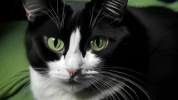 portrait photography: a beautiful a pet cat, all black, only white paws, white under the neck, the cat face is half black (from the upper jaw) and half white (lower part of the jaw and chin) 0.5 centimeters (height) 4 centimeters (width) white fur on the right part of the jaw (lip) eyes slightly green, one-year-old kitten, happy and friendly, cute, taken by a Canon DSLR camera, 35mm lens, 4K HD