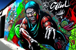 a TIJUANA WRESTLING graffiti mural wall with the word cell shading style