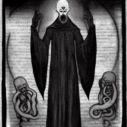 Russian Orthodox nosferatu with no eyes sockets and tentacle beard and long arms and fingers