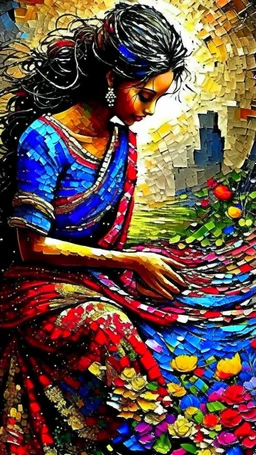 Bosch painting style "Midnight Serenade unique" low view angle shot down sunset large close up a beautiful street with colorful wild flowers on both sides , granite terrazzo motifs with puzzle modern , clothing is decorated with colorful filigree abstract, Collage chutes papiers magazines,Spirograph background by Nisa Kiley, Textile Artist،