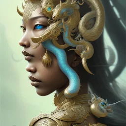 Sango fantasy, fantasy magic, intricate, sharp focus, illustration, highly detailed, digital painting, concept art, matte, art germ and Paul Lewin and Kehinde Wiley, masterpiece Indonesian lady head bronze tiger Asian African girl nice breast Thai hair turquoise silver waves