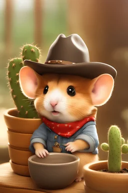 a cute, cuddly, fluffy hamster wearing a bandana and a cowboy hat sitting in a wooden tea-cup and holding a cactus in a pot