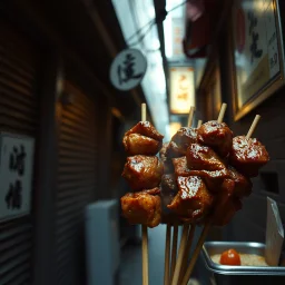 In a tight alleyway of Toyko, a close up of hot steaming teriyaki meat kabobs, intricate detail, delicious, tempting, Global Street Foods, Cinematic film still, shot on v-raptor XL, vignette, color graded, post-processed, cinematic lighting, 35mm film, live-action, best quality, atmospheric, a masterpiece, epic, stunning, dramatic, Japanese aesthetic