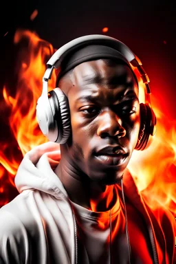 Music cover, with white rap artist on fire listening to music with headphones