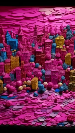 A purplish magenta city made out of yo-yos painted by Vincent van Gogh