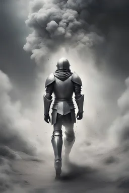 sad knight running into dust walking away into a bright grey world fading as the world crumbles under as space snaps under his feet with nothing but clouds overhanging him as the world collapses into space