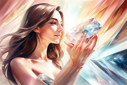 inside of a huge diamond a beautiful brunette woman dancing happily and dynamically, the diamond is in the opened palm of God, S<AI in sunshine, ethereal, cinematic postprocessing, shiny metallic pastel watercolor