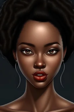 Create a compelling and realistic image of a black girl, showcasing her natural beauty with a front-facing camera position. Emphasize the details of lipstick, a farapopier, and a beautiful hairstyle, complemented by meticulous makeup. Key Elements: Camera Position: Front-facing view to capture the girl's features prominently. Face and Skin: Realistic depiction of rich and deep skin tones. Subtle variations to highlight natural complexion. Emphasis on natural highlights and shadows. Facial Fe
