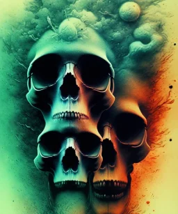 broken realistic skull. black background. smoke and explode. particles in air. teal and orange. watercolor and ink. abstract. beksinski.