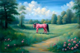 Big pink plastic toy horse.19th painting