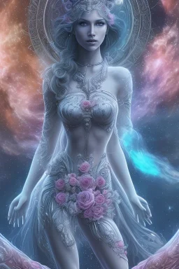 Create an image of a full body cosmic Goddess. The goddess should be depicted as a beautiful and powerful figure, surrounded by cosmic stars. Her hair should be long, blond and flowing, and she should be dressed in a flowing gown blue celestial robe. In the background, include imagery of pink flowers, blue sky,trees. The image should evoke a sense of joy, celebration, and spiritual connection to nature.