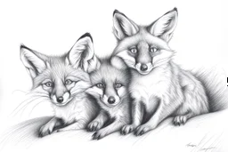 Young, playful foxes - Pencil drawing, realistic, graphite