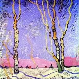 painting of birch tree in snow by van gogh pink sky