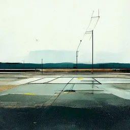 Minimal contemporary abstract oil paintings of desolate 1960s carpark with road markings and concrete fragments. Overlay with grungy typography graphics. style of Justin Mortimer and Francis Bacon.