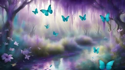 purple and turquoise ethereal willow leaves tree garden, flying butterflies, flowers, very sunny