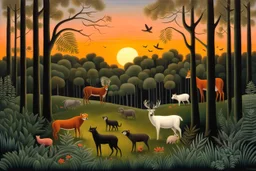 A forest glade with animals at sunset by artist "Henri Rousseau"