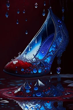 dark fantasy, intricate cover, a whimsical fairytale, translucent shoe made of blue glass with drops of crimson blood underneath