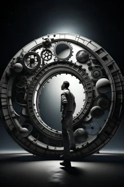 A portrait of a man standing Infront of a portal that is made up of different clocks on the moon and portal is pulling things around him with its force and the man is positioned and ready to jump