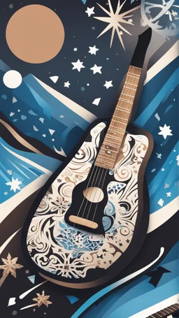 Create a dynamic snowboard pattern with a guitar theme, utilizing a maximum of 6 colors. Feature a stylized guitar fretboard running down the board in rich browns and blacks, complemented by rhythmic snowflakes in cool blues or silvers. Integrate a guitarist silhouette shredding down a mountain slope, using gradients for strumming motion. Keep the palette vibrant and harmonious, capturing the energy of music and snowboarding.