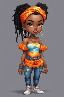 create a colorful abstract comic book art image 8k of a chibi curvy black female wearing torn jeans pants with fringe on the side and a orange-tie dye off the shoulder blouse. Prominent make up with hazel eyes. Highly detailed long Senegalese twist in a hair wrap