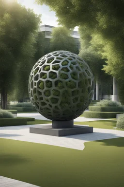 оформление территории со статуей шара виде атома/молекула