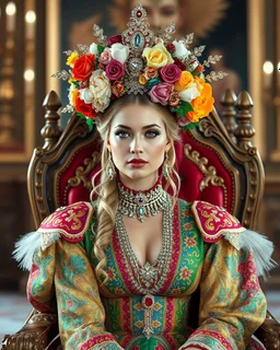 📷👸 full length image a distance dystopian angle fullbody a beautiful European blond girl pretty super model adorned with an elaborate and colorful headpiece made of flowers and jewels, wearing a vibrant and detailed victory outfit that includes intricate patterns and sparkling embellishments. The attire should reflect a rich russia empire, with attention to the fine jewelry that complements the ensemble.sitting the throne queen in room luxurious royal palace background