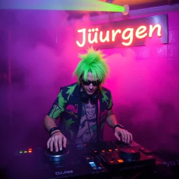 A DJ performing at dance club, his name DJ JüRGEN and looks crazy, crazy green hair with crazy outfit. Neon lights and smog, DJ JüRGEN SIGN ON WALL, ,JüRGEN, JüRGEN