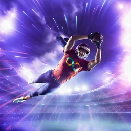 colourful rounded infinity symbol ∞ on shirt, American football player diving with an American football in both hands to score a touch down, striking, vibrant, chiaroscuro, dramatic, captivating, powerful, beautiful, octane render, 16k post-production, artstation: award-winning: atmospheric: commanding: fantastical: clarity: ultra quality: striking: brilliance: stunning colors: amazing depth; lens: f/11, 35mm