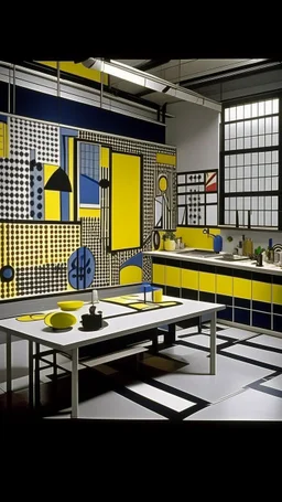 A gray laboratory in a factory designed in German folk art painted by Roy Lichtenstein