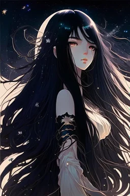 Celestial anime girl, long black hair