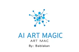A minimalist and professional logo design for a 3D motion graphics studio. The icon features an abstract, geometric shape formed by flowing nodes and interconnected lines, symbolizing complex particle flow and procedural animation. Sleek, modern, and clean aesthetic. High contrast, vector style, white background, solid vibrant blue and deep charcoal grey color palette. Flat design, scalable, professional typography space underneath.add text "AI ART MAGIC By: Babakan" with pretty style.