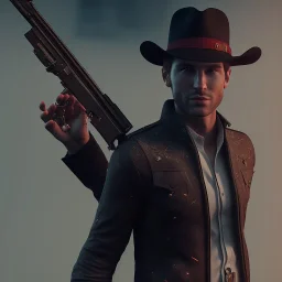 male gunslinger, badass, two guns, black fedora, dark red eyes, fanatsy, si-fi, photo realistic, ultra realistic, 8k, unreal engine 5