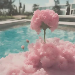 Pink cloud, Carnations in a swimming pool, damaged polaroid, sunny day