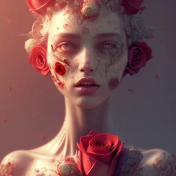 old cracked skulls and red roses, flower beautiful girl,utra realistic,highly detailed, sharp focus, insanely detailed, parallax flowers, honeybee, fantasy art, intricate detailed, elegant, fog, Special Lighting, Vibrant, color Scheme, forest, unreal engine 5, trending on artstation