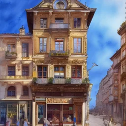 Dessin de la facade d'un bâtiment dans la ville de Saint MALO, des gens dans la rue, des commerces, c'est le matin, dessin à l'aquarelle
