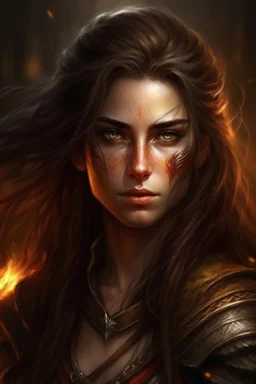 Portrait of a fantasy elf, Warrior, fiery look, long Brown hair