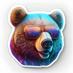 sticker on white background, 3d Head of a Bear with sunglasses, psychedelic, octane render, unreal engine 5, DMT art, funny, smiling