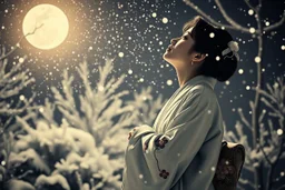 A Japanese woman in a silver and pale blue kimono embroidered with subtle plum blossoms stands in a snowy garden at night. Snowflakes fall around her. She lifts her face gently upward toward the moonlight and stars, her breath faint in the cold. Her silhouette glows softly in the hush of winter. Textured like ancient washi, with soft monochromatic tones and vintage treatment. --v 7 --style raw --ar 2:3 --q 2