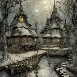 in the style of Arthur Rackham and Van Gogh, zentangle country side village, fantastical surrealistic, elegant, beautiful high definition fine 3D line art, watercolor ink and pen, extremely detailed, intricate, elaborate, HDR, beautiful, award winning, fantastic view, muted colours, fantasy, crisp quality