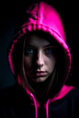 Portrait Hacker girl in a hooded sweater looking strait forward as black and pink as a logo