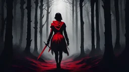 woman seen from behind, walking into a dark forest, with a dagger in hand, black and red image