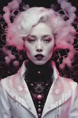 photo RAW, (Black, dark red, lilac, neon pink : Portrait of ghostly white koi, woman, collar, white wool coat with lots of black pearls, shiny aura, highly detailed, gold filigree, intricate motifs, organic tracery, Januz Miralles, Hikari Shimoda, glowing stardust by W. Zelmer, perfect composition, smooth, sharp focus, sparkling particles, lively coral reef background Realistic, realism, hd, 35mm photograph, 8k), masterpiece, award winning photography, natural light, perfect composition, high de