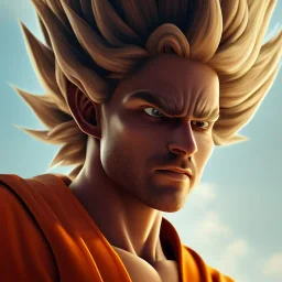 Son-goku close up, face, extreme details, glowing hair, realistic, unreal engine, 4k