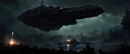 It's a dark night in the forest. It's raining. A huge spaceship is slowly moving 100 metres above the ground . It's a monstrous dreadnought like battleship. it is scarred by a thousand battles. it's many turrets are glowing from all the shots they fired. Its menacing arrow-like shape is glowing from its protective shield. a number of smaller craft are circling in a protective pattern. the ground is strewn with debris and craters and the remains of a bombed out city.