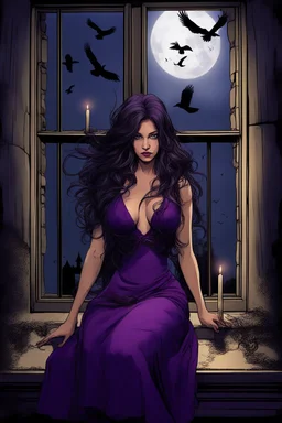 super beauty woman, good body, big bubs, nice body, purple long haired, model style, milf, rude mode, stay into a dark castle, moonlight on window, ravens an candles, old swatch, wall older