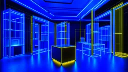 Minimalist cubic interior space illuminated with neon lights in blue and gold tones where characters of different kinds pass through