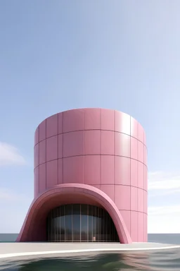 diseñame un edificio cilindrico que tenga una forma que asemeje al amor de una madre mientras que nos recuerda a ala paz de las olas del mar de california, que sea de piedra rosa, un poco monumental y que inspire paz por medio de su forma un tanto compleja pero simple de seguir y de comprender